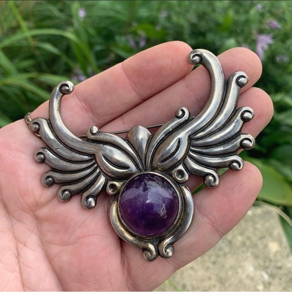 Sterling silver 925 Mexico old taxco owl brooch pin amethyst jelly belly - Picture 2 of 4